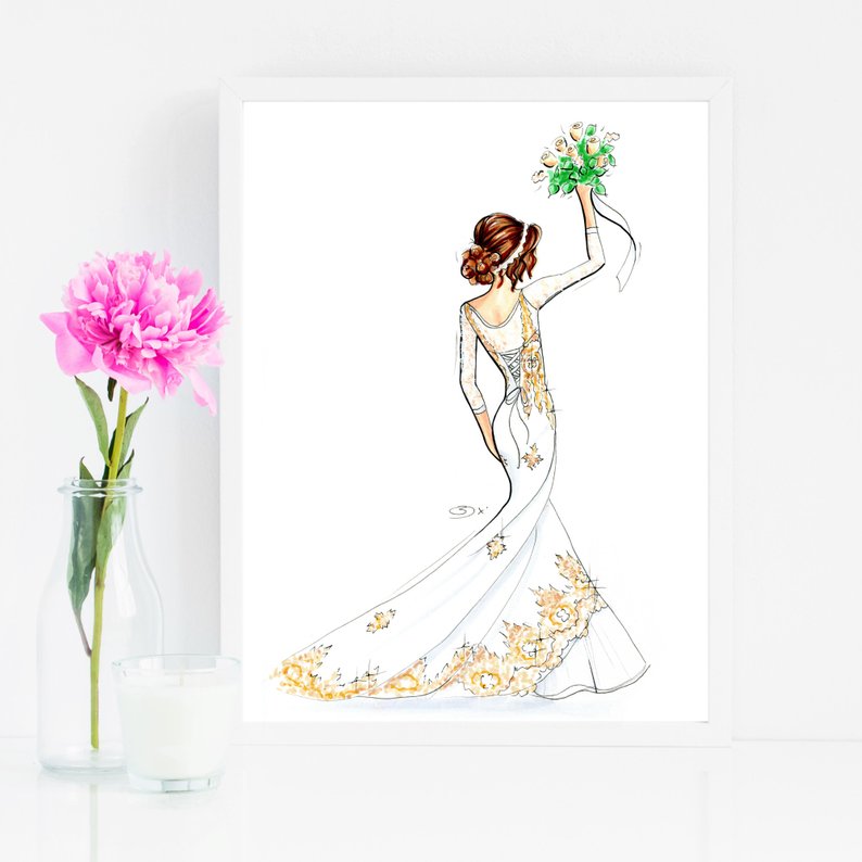 794x794 bridal bouquet art print wedding bouquet fashion etsy - Bridal Bouquet Drawing