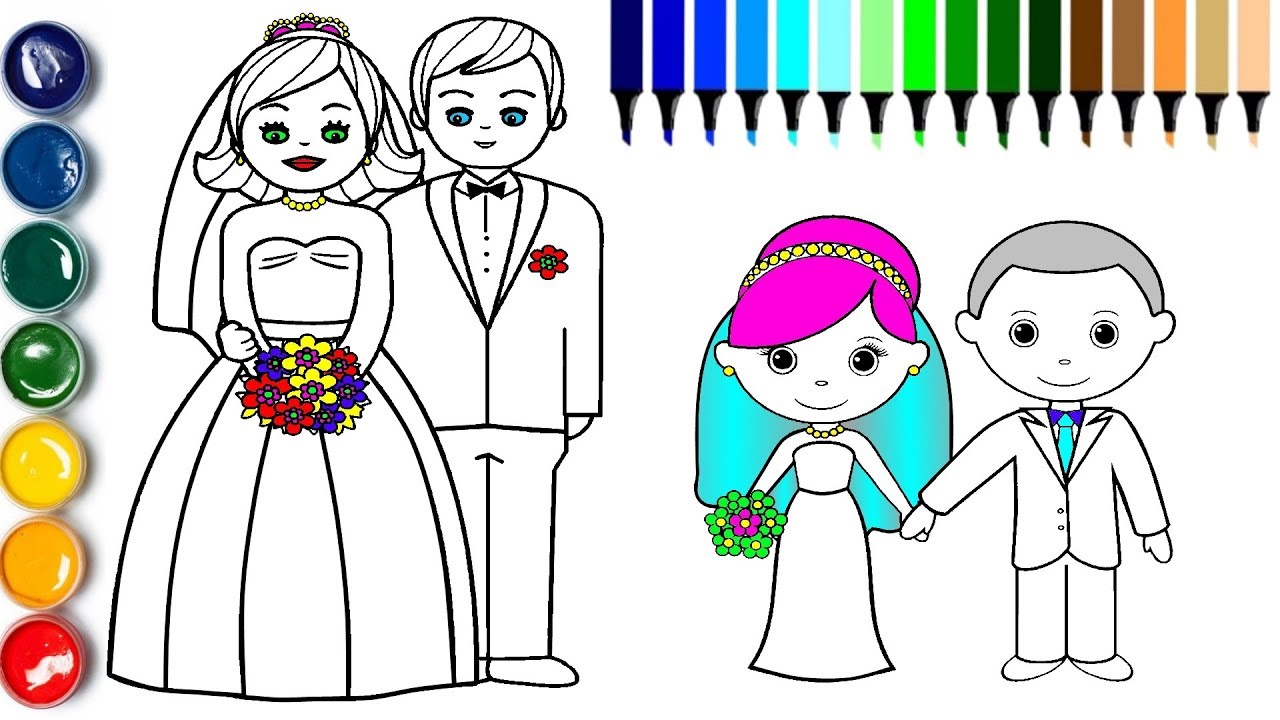 1280x720 little bride and groom coloring - Bride And Groom Drawing