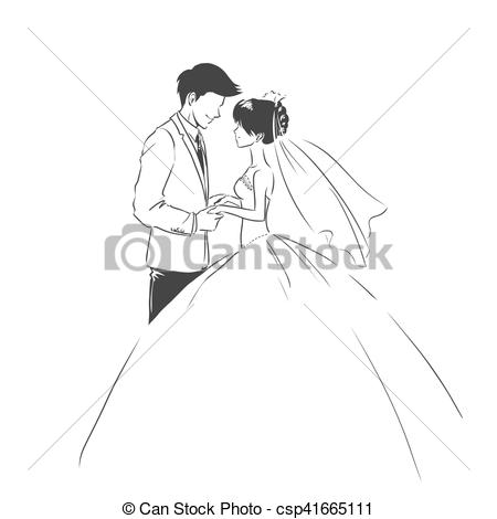 450x470 wedding invitation card with bride and groom sketch type art - Bride And Groom Drawing