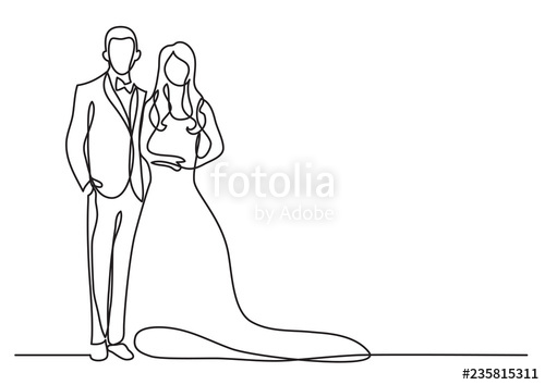 500x354 continuous line drawing of happy groom bride standing - Bride And Groom Drawing