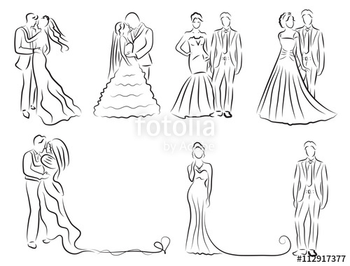 500x380 silhouette of bride and groom set, newlyweds sketch, hand drawing - Bride And Groom Drawing