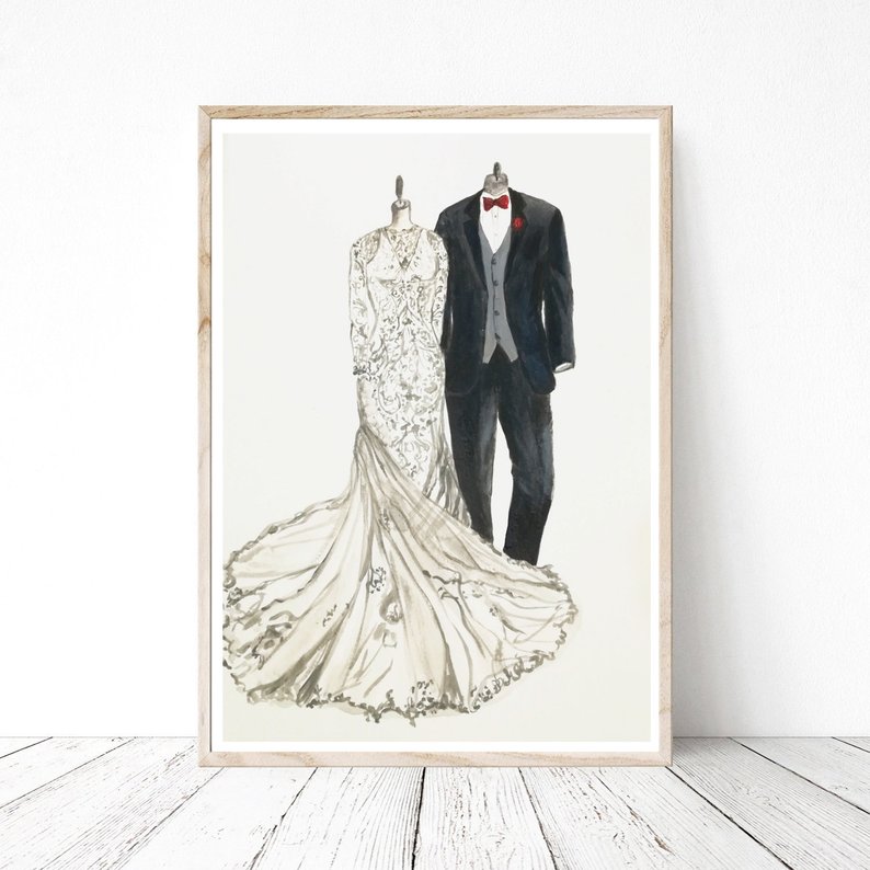794x794 Wedding Dress Sketch And Tuxedo Drawing Bride And Groom Etsy - Bride Dress Drawing