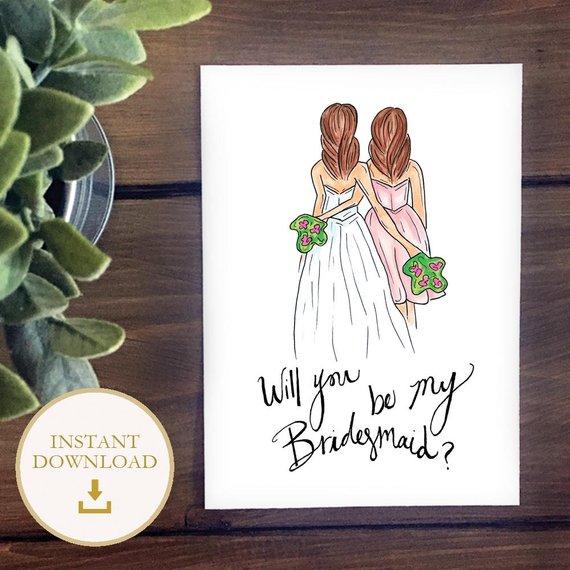 570x570 pdf bridesmaid drawing brunette bride with brunette etsy - Bridesmaid Drawing