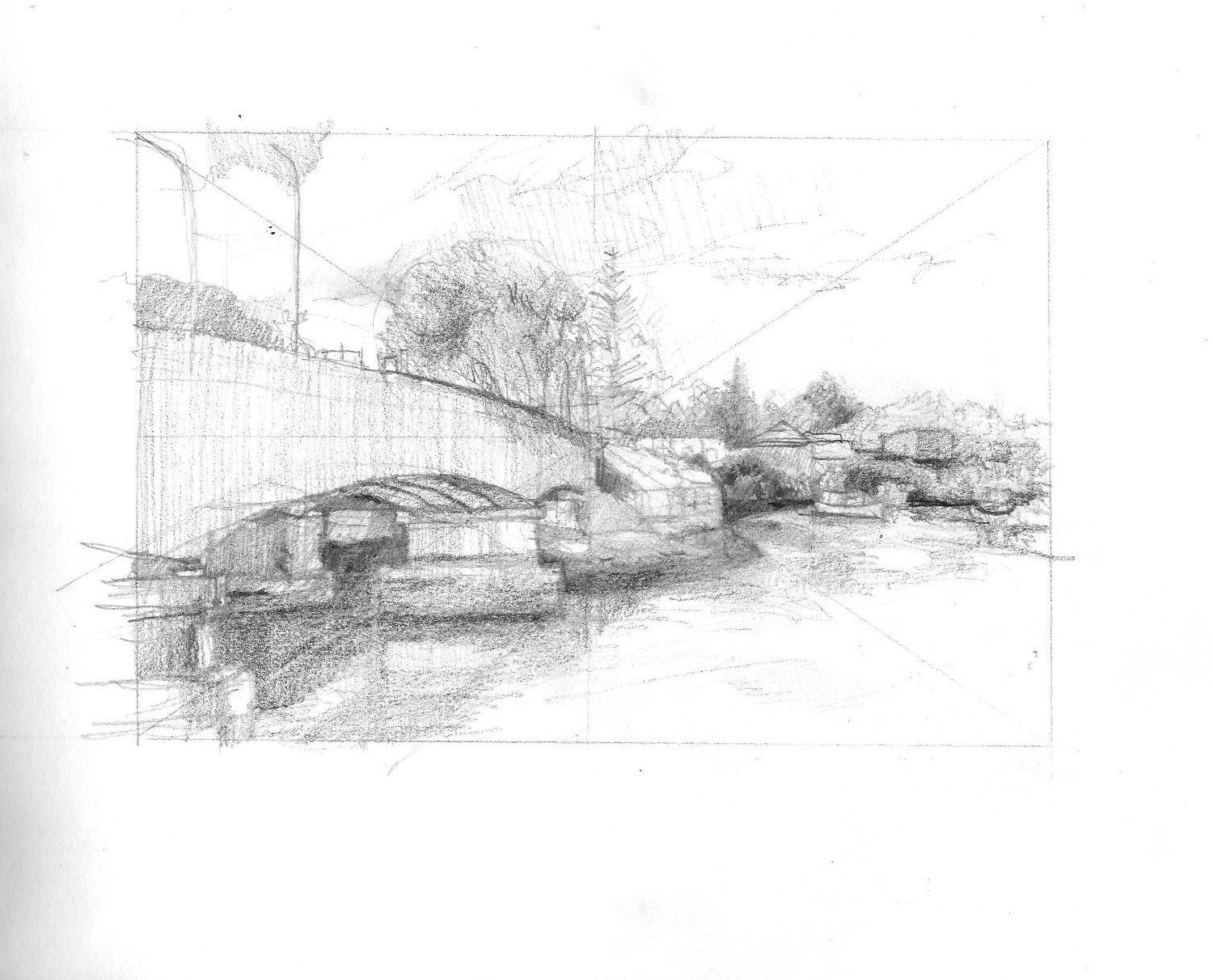 1500x1212 Perspective In Landscape Drawing Cooks River Bridge - Bridge Perspective Drawing