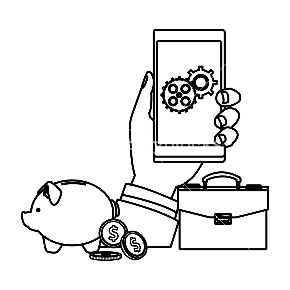 1000x1000 cellphone and hand holding with gears piggy and briefcase drawing - Briefcase Drawing