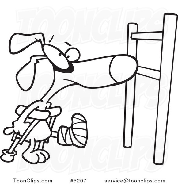 581x600 cartoon black and white line drawing of a dog with a broken leg - Broken Leg Drawing