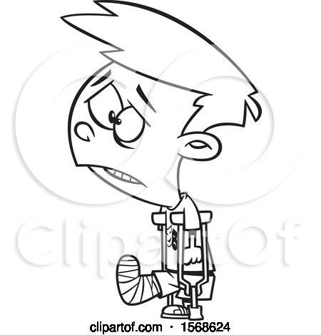 450x470 clipart of a cartoon lineart sad boy with a broken leg, using - Broken Leg Drawing