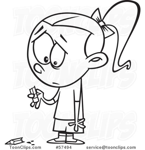 581x600 Cartoon Outline Of Sad Girl Holding A Broken Pencil - Broken Pencil Drawing