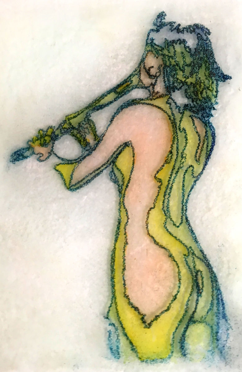 780x1200 woman playing oboe drawing - Bronze Drawing