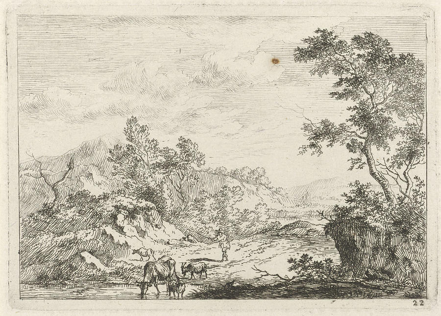 900x646 landscape with shepherd and cattle - Brook Drawing