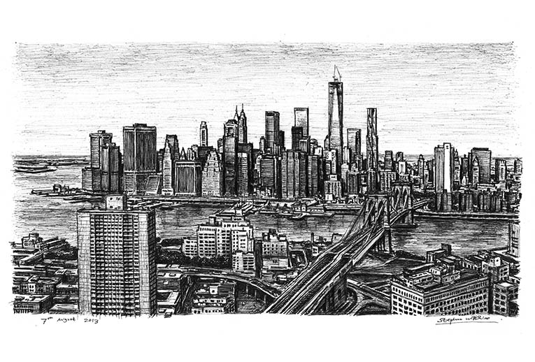 765x518 Birds Eye View Of The Freedom Tower And Brooklyn Bridge - Brooklyn Bridge Architectural Drawing