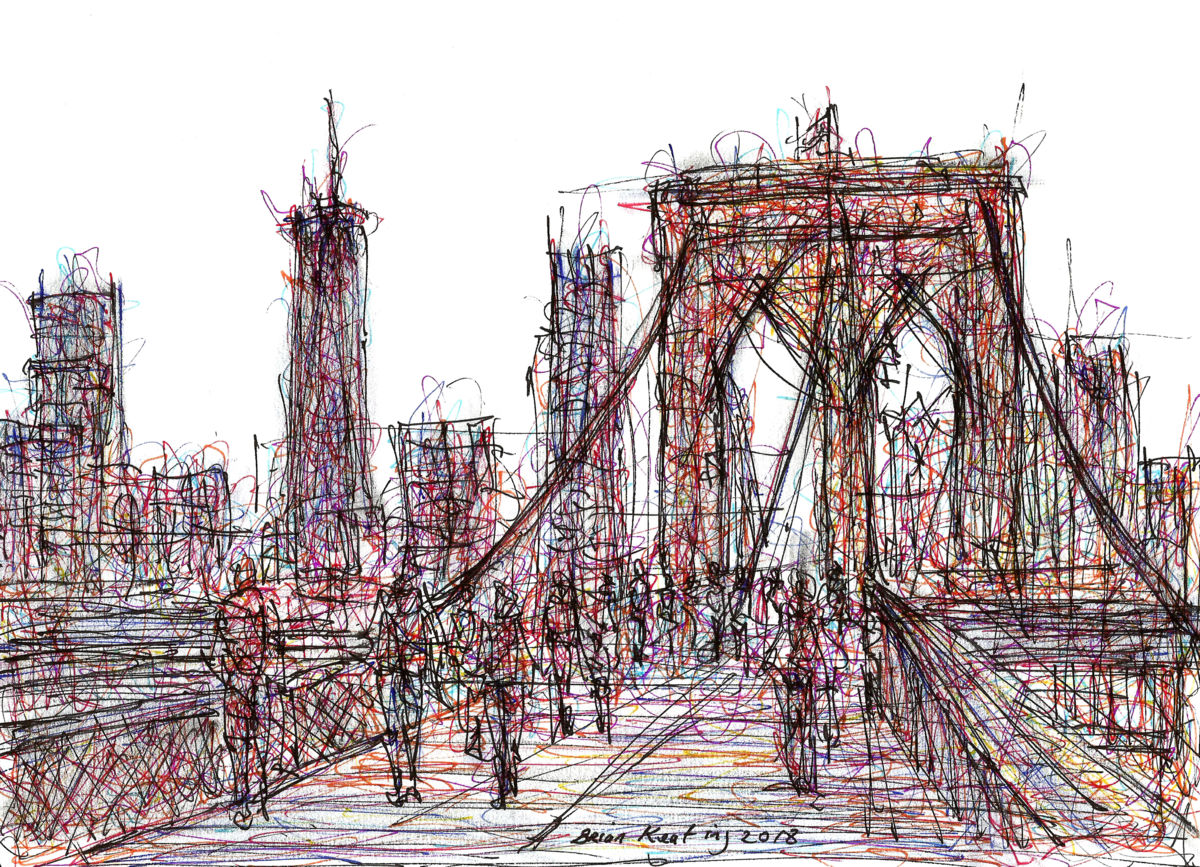 1200x867 pedestrians crossing brooklyn bridge nyc drawing - Brooklyn Bridge Drawing