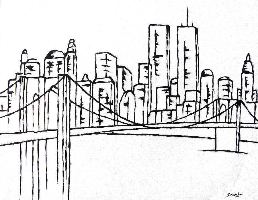 900x698 Brooklyn Bridge Painting - Brooklyn Bridge Line Drawing