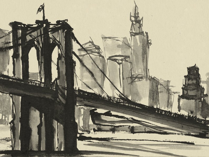 794x596 Pen And Ink Sketch Drawing Nyc Brooklyn Bridge Skyline Etsy - Brooklyn Drawing