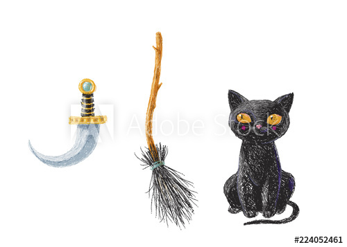 500x357 Hand Drawn Cute Black Witch Cat, Broom Stick And Blade Isolated - Broomstick Drawing