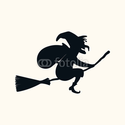 400x400 hand drawn vector illustration of a witch with sack flying - Broomstick Drawing