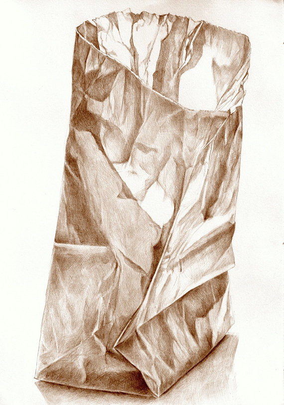 570x812 art drawing, brown paper bag sepia pencil drawing, kitchen art - Brown Paper Bag Drawing