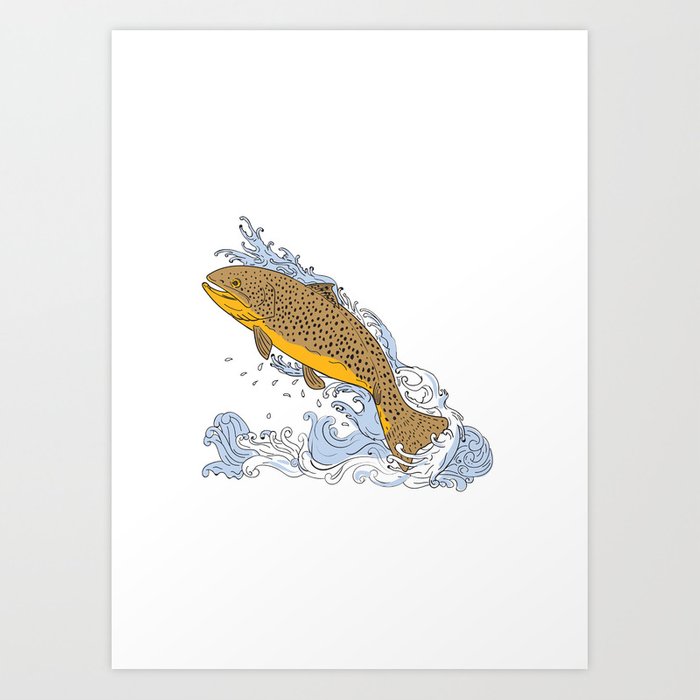 700x700 Brown Trout Swimming Up Turbulent Water Drawing Art Print - Brown Trout Drawing