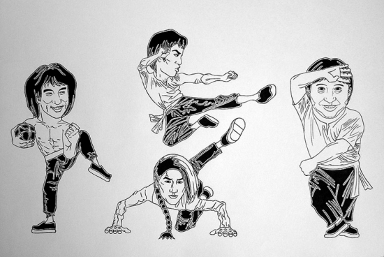 550x368 Portrait Of Sammo Hung, Kim Won Jin, Bruce Lee, Jackie Chan - Bruce Lee Cartoon Drawing