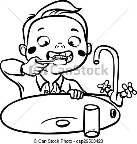 448x470 funny cartoon boy brushing his teeth vector illustration - Brushing Teeth Drawing