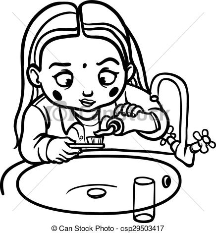 436x470 funny cartoon girl brushing her teeth vector illustration - Brushing Teeth Drawing