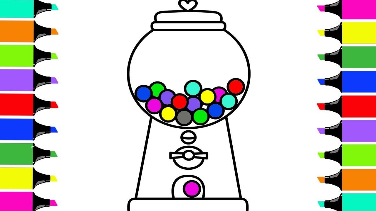 Drawing Gumball Machine And Coloring - Bubble Gum Machine Drawing. 