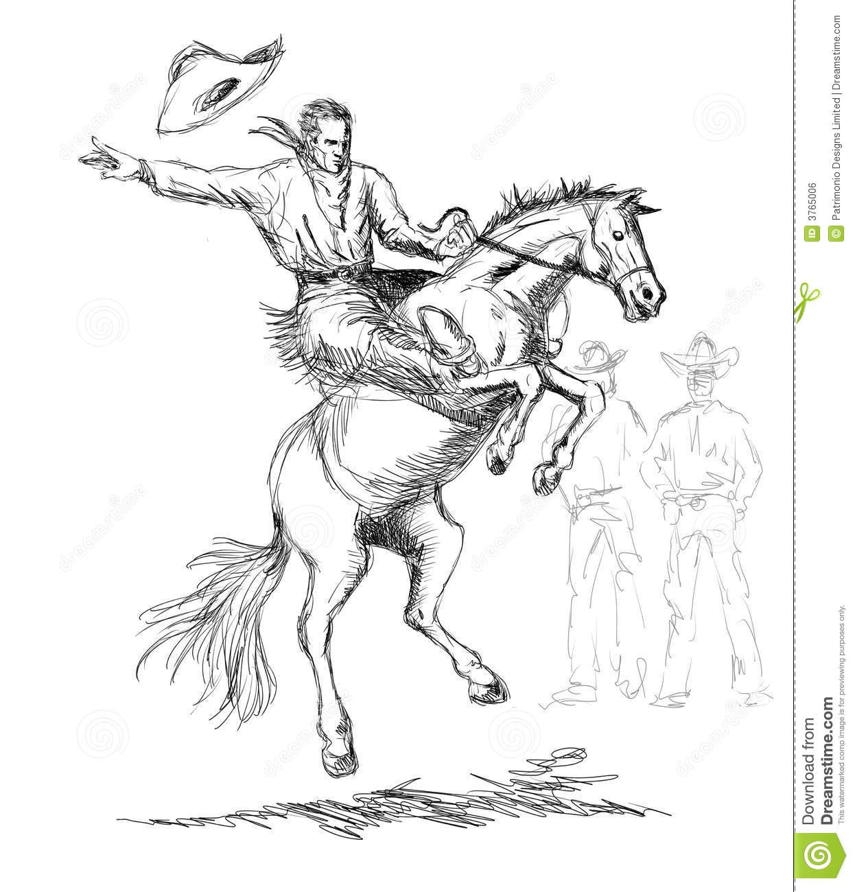 Drawing of a cowboy riding a horse with a desert background