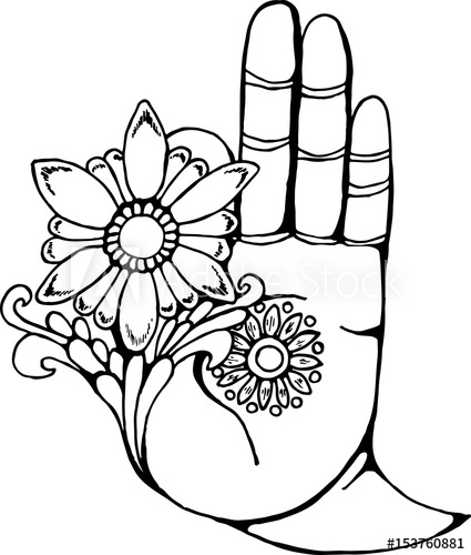 425x500 Illustration Of A Buddha Hand Holding A Flower Black And White - Buddha Black And White Drawing
