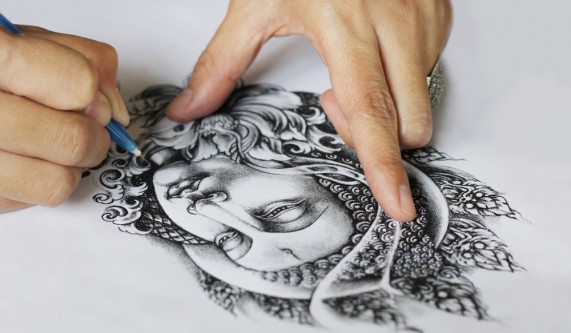 571x333 Drawing The Face Of The Buddha - Buddha Drawing Images