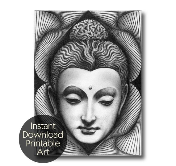 570x538 Buddha Gautama Siddhartha Pencil Drawing Art Instant Etsy - Buddha Drawing Pencil