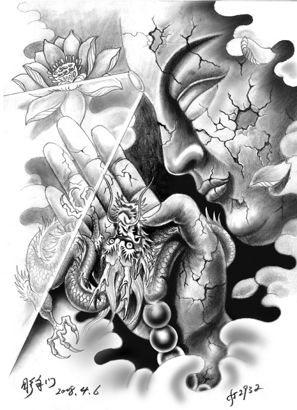 579x800 Buddha With Dragon Tattoo Design - Buddha Drawing Tattoo