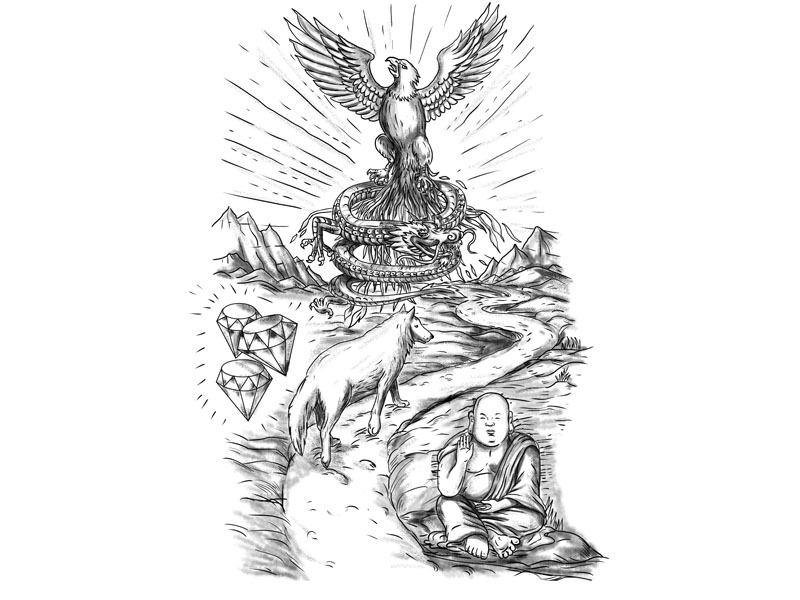 800x600 Eagle Dragon Wolf Diamond Buddha Road Tattoo - Buddha Drawing Tattoo
