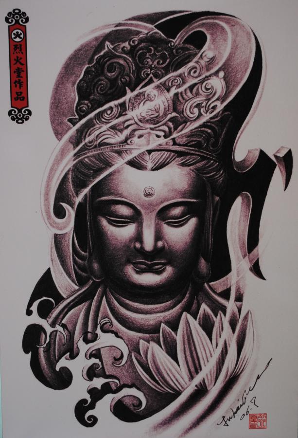 613x900 Nice Grey Ink Buddhist Tattoo Design - Buddha Drawing Tattoo