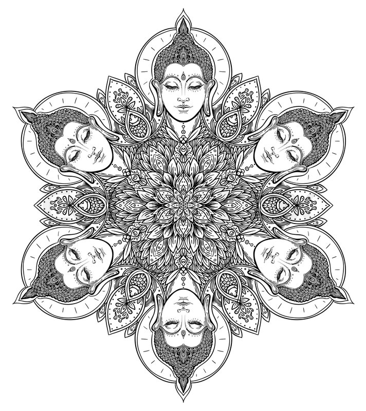 712x800 Buddha Faces In Ornate Mandala Round Stock Vector Colourbox - Buddha Face Drawing