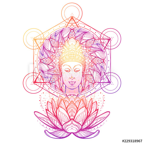 500x500 Buddha Head In A Lotus Flower Frame Hexagram Representing Anahata - Buddha Head Drawing