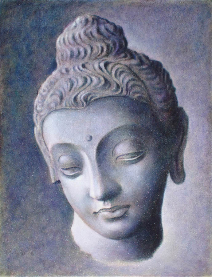 690x900 Ron Ogle Artwork Head Of Buddha Original Painting Oil - Buddha Head Drawing