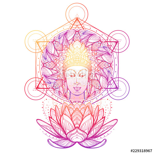 500x500 Buddha Head In A Lotus Flower Frame Hexagram Representing Anahata - Buddha Head Line Drawing