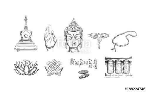 500x312 Buddhism Icons Collection Spirituality,yoga Print Vector Hand - Buddha Head Line Drawing