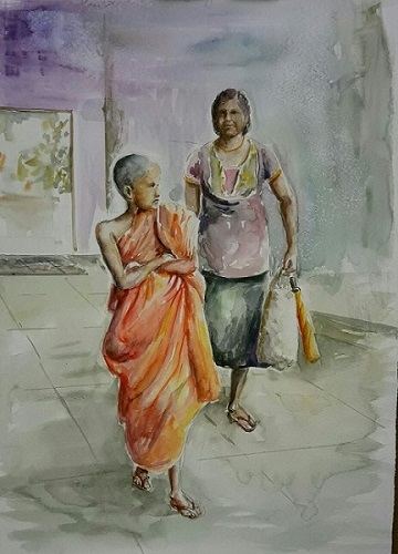 360x500 buddhist monk with mom karunagama art gallery - Buddhist Monk Drawing