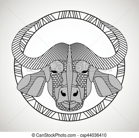 450x447 Buffalo Head, Symmetric Hatched Drawing In Circle, Isolated Picture - Buffalo Head Drawing