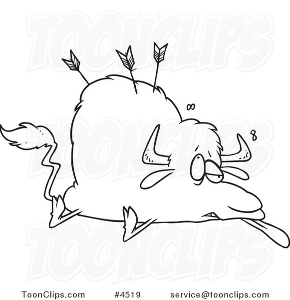 581x600 Cartoon Black And White Line Drawing Of A Buffalo Shot With Arrows - Buffalo Line Drawing