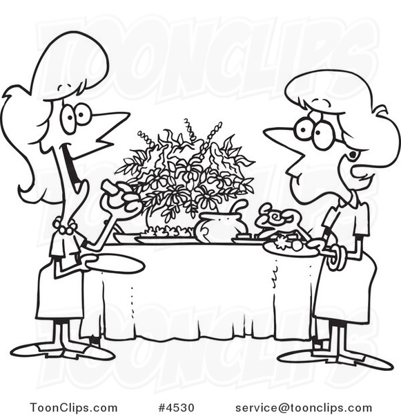 581x600 cartoon black and white line drawing of ladies talking and eating - Buffet Drawing