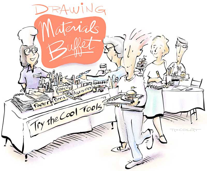 800x661 drawing materials buffet workshop the scribbles institute - Buffet Drawing