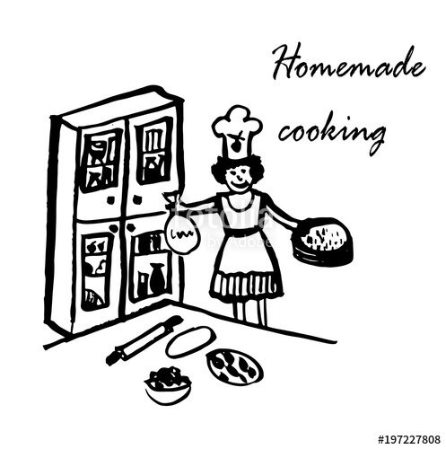 497x500 drawing of a funny cartoon comic picture, a woman cook in a hood - Buffet Drawing