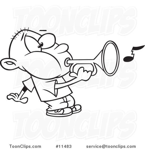 581x600 Cartoon Line Drawing Of A Boy Playing A Bugle - Bugle Drawing