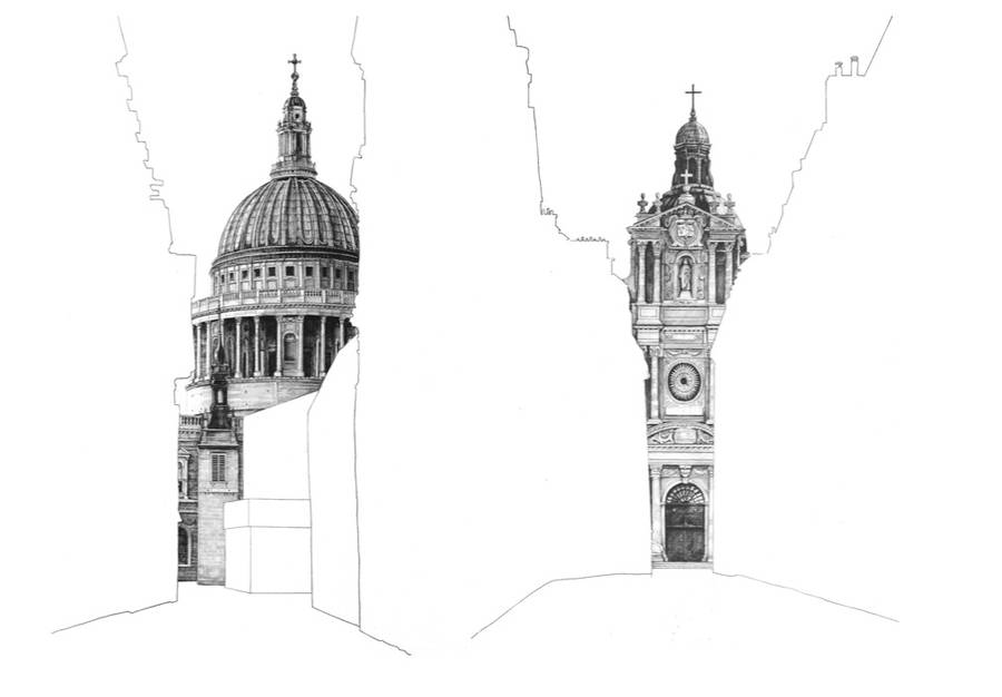 900x626 architectural drawings behind empty building silhouettes fubiz media - Building Architecture Drawing