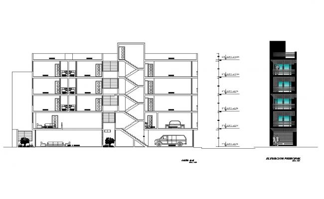 650x400 Residential Building Main Elevation And Section Cad Drawing - Building Details Drawing