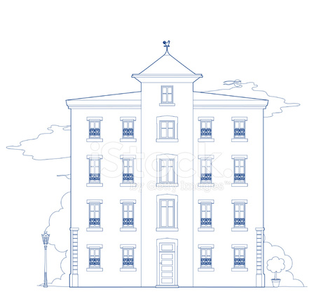 461x440 Blue Drawing Of A Building Stock Vector - Building Drawing