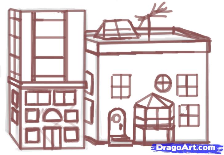 728x502 How To Draw A Building, Step - Building Drawing Easy