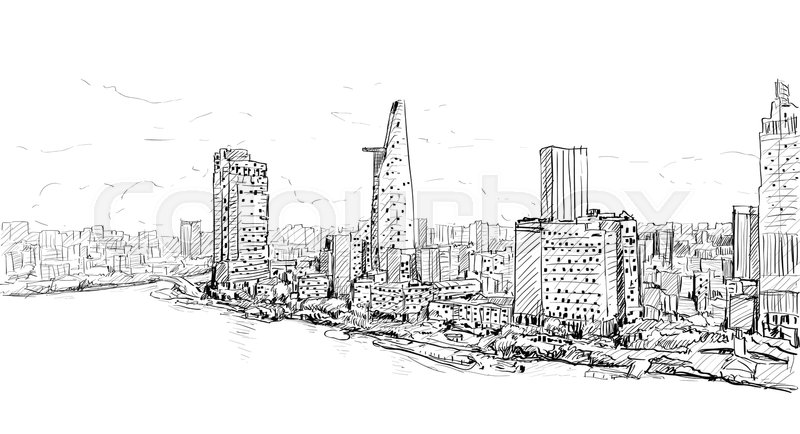 800x434 Sketch Cityscape Of Saigon City - Building Skyline Drawing